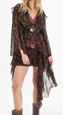 Free People Sheer Ruffle Brown Paisley Y2K Boho High Low Duster Cover Up Sz M/L